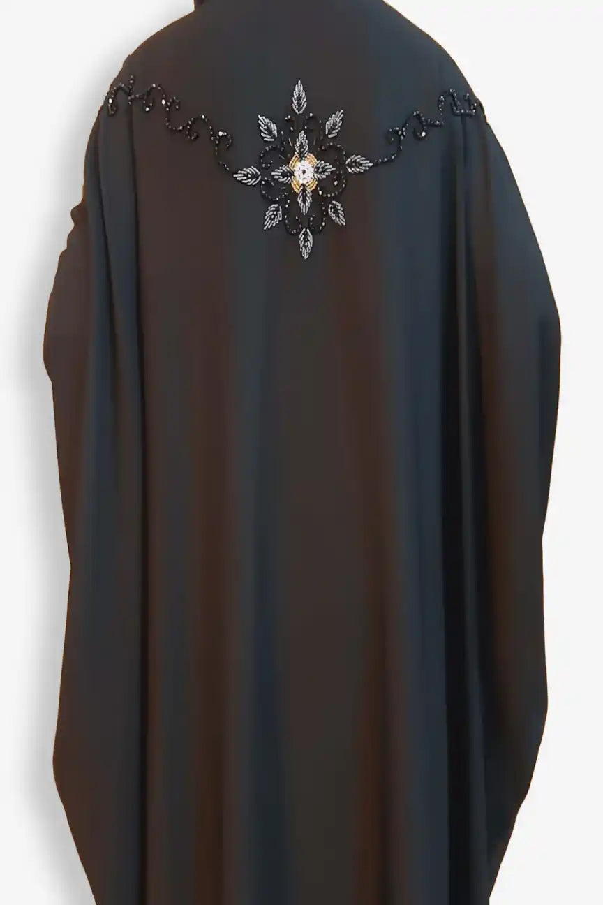 Full back side view of baggy style abaya with hand work design, modest abaya for women in Pakistan