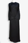 Elegant black abaya featuring pearl sleeves with 800 moti work, full front view, stylish modest abaya for women in Pakistan