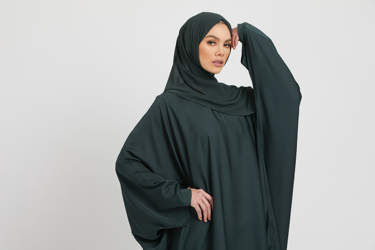 Zoom-in detail of chest design on dark green kaftan abaya, stylish modest abaya loose fit dress for women