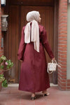 Back view of claret red trench coat abaya highlighting modest and flowy design