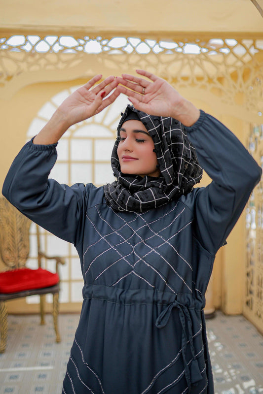 Close-up of V type pintax design on teal blue abaya front, elegant modest wear abaya for women, online shopping Pakistan