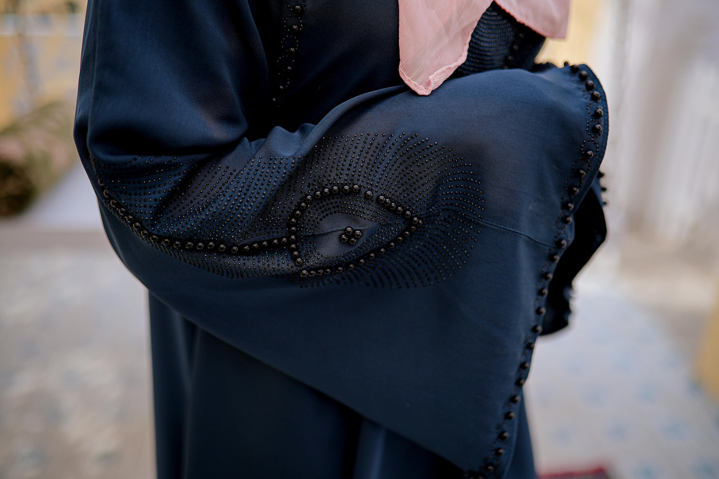Detailed zoom-in of nug and moti work on abaya sleeves, elegant modest abaya for women, online abaya shopping Pakistan
