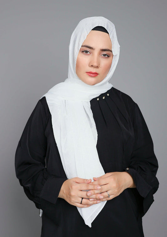 White Metallic Chiffon Hijab close-up front view showing soft texture and metallic shine