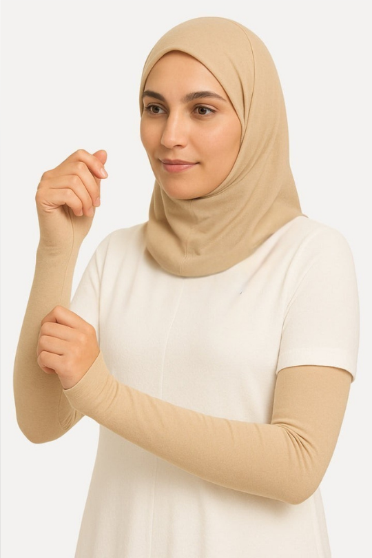 Modest Beige Arm Sleeves providing full arm coverage, made from soft and stretchable fabric, perfect for pairing with abayas and modest outfits for daily wear.