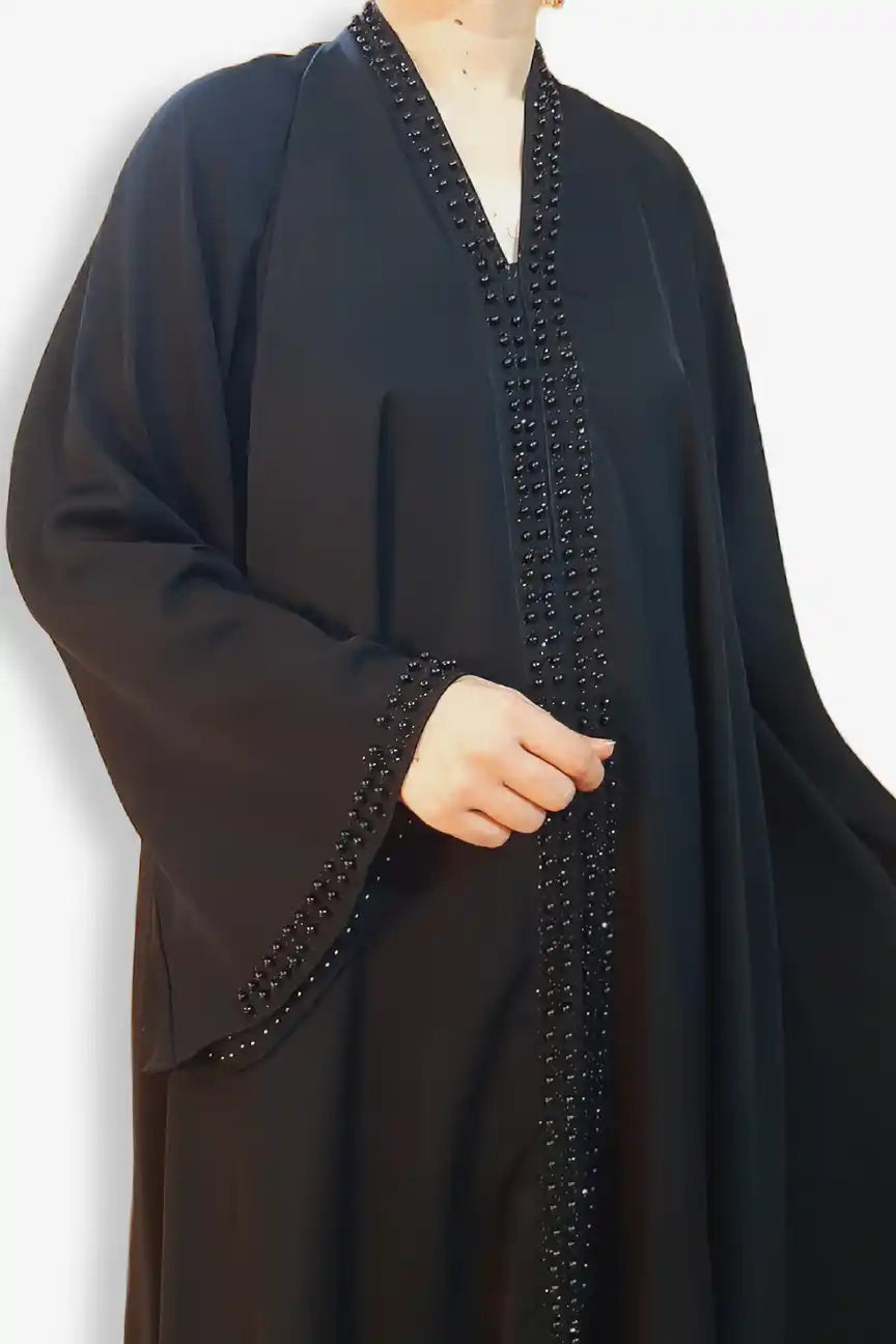 Black Beaded Abaya with Handcrafted Moti Detailing