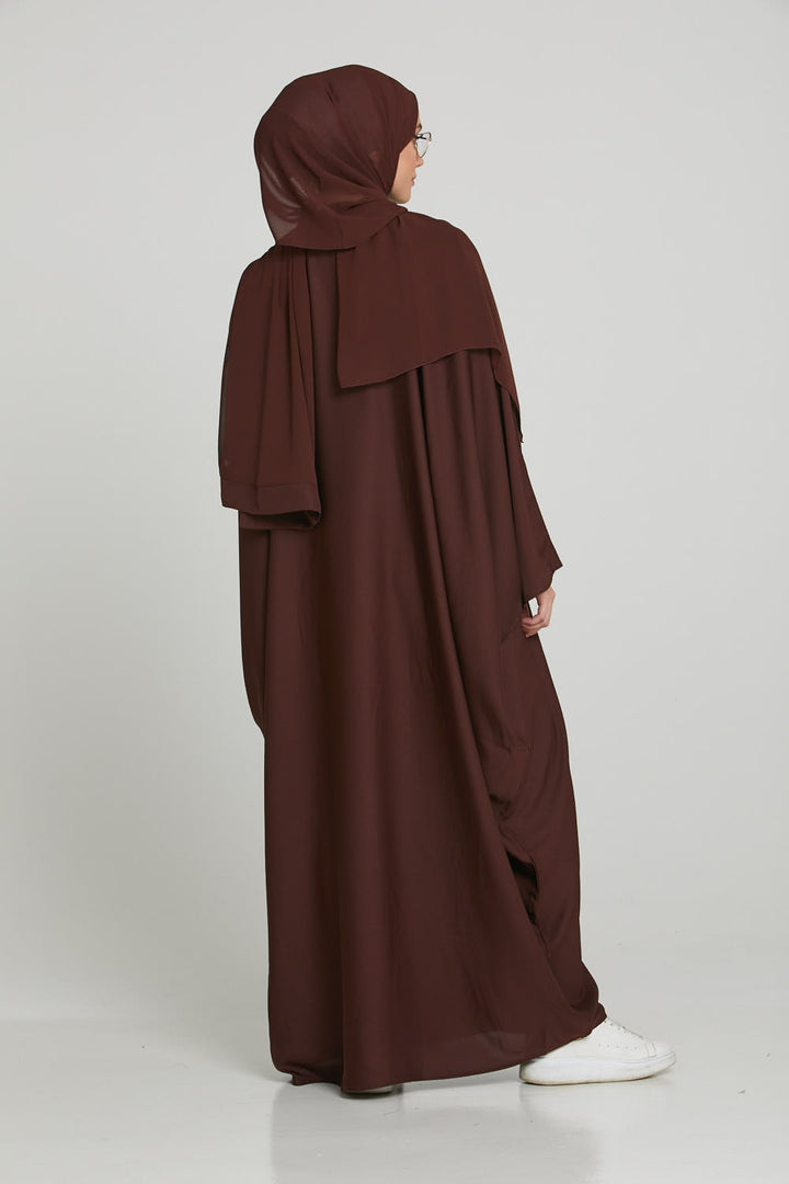 Back side full view of dark brown kaftan abaya in butterfly style, modern modest abaya dress for women