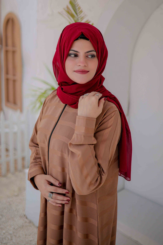 Zoomed-in view of beige abaya fabric and zipper detailing