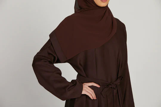 Zoom-in showing belt design of brown simple long abaya, stylish modest abaya for women in Pakistan