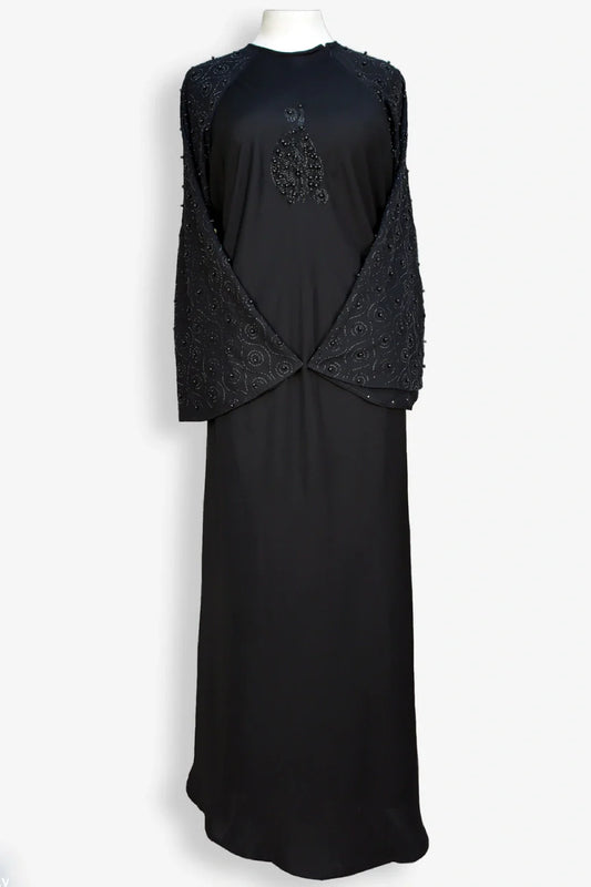 Elegant black abaya featuring pearl sleeves with 800 moti work, full front view, stylish modest abaya for women in Pakistan