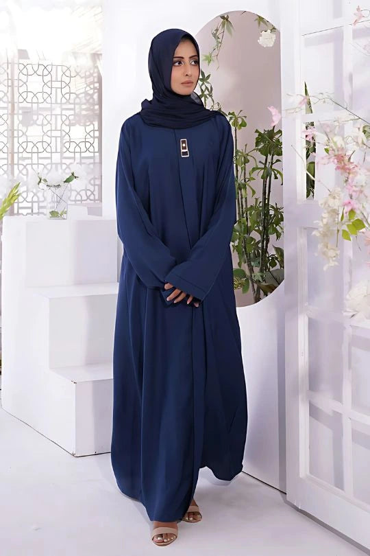 Front view of Luxurious Nida Fabric Plain Navy Blue Abaya showing modest and elegant style for women