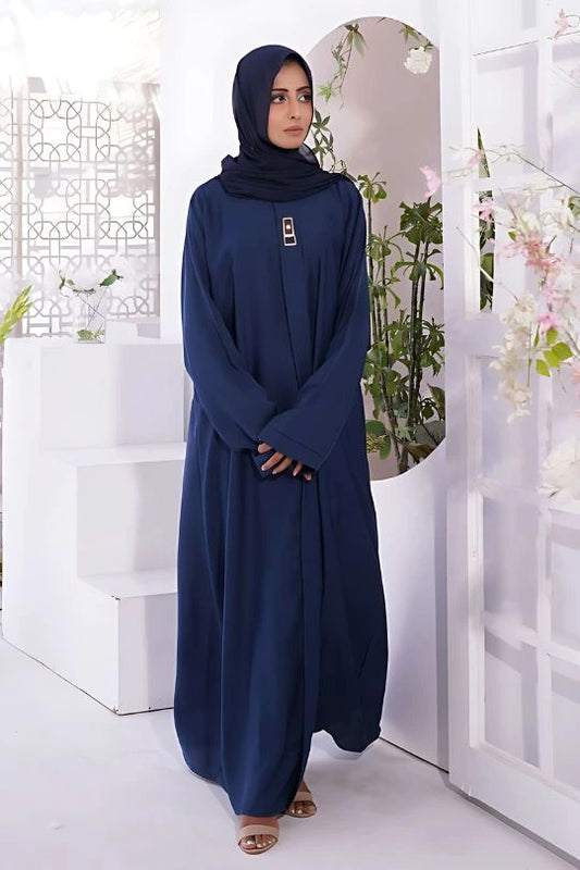 Front view of Luxurious Nida Fabric Plain Navy Blue Abaya showing modest and elegant style for women