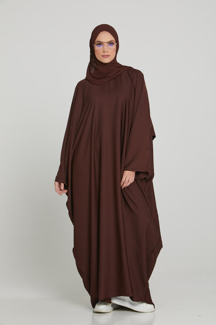 Full front view of dark brown butterfly kaftan abaya, elegant modest abaya dress for women in Pakistan