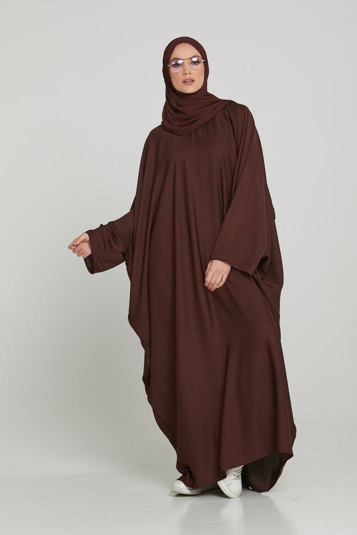Full front view of modern dark brown kaftan abaya with butterfly style, elegant modest wear abaya for women