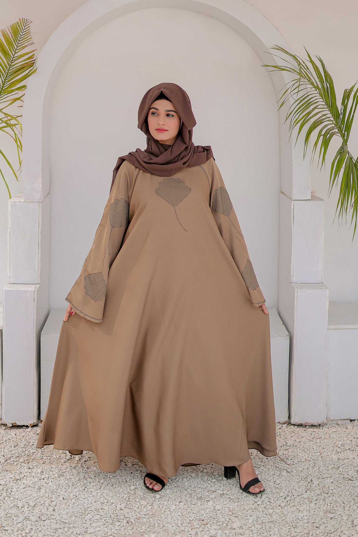 Light brown abaya with flower style nug design – full front view