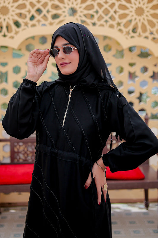 Close-up of front zipper design on full pintax abaya, elegant modest wear abaya for women, online abaya shopping Pakistan