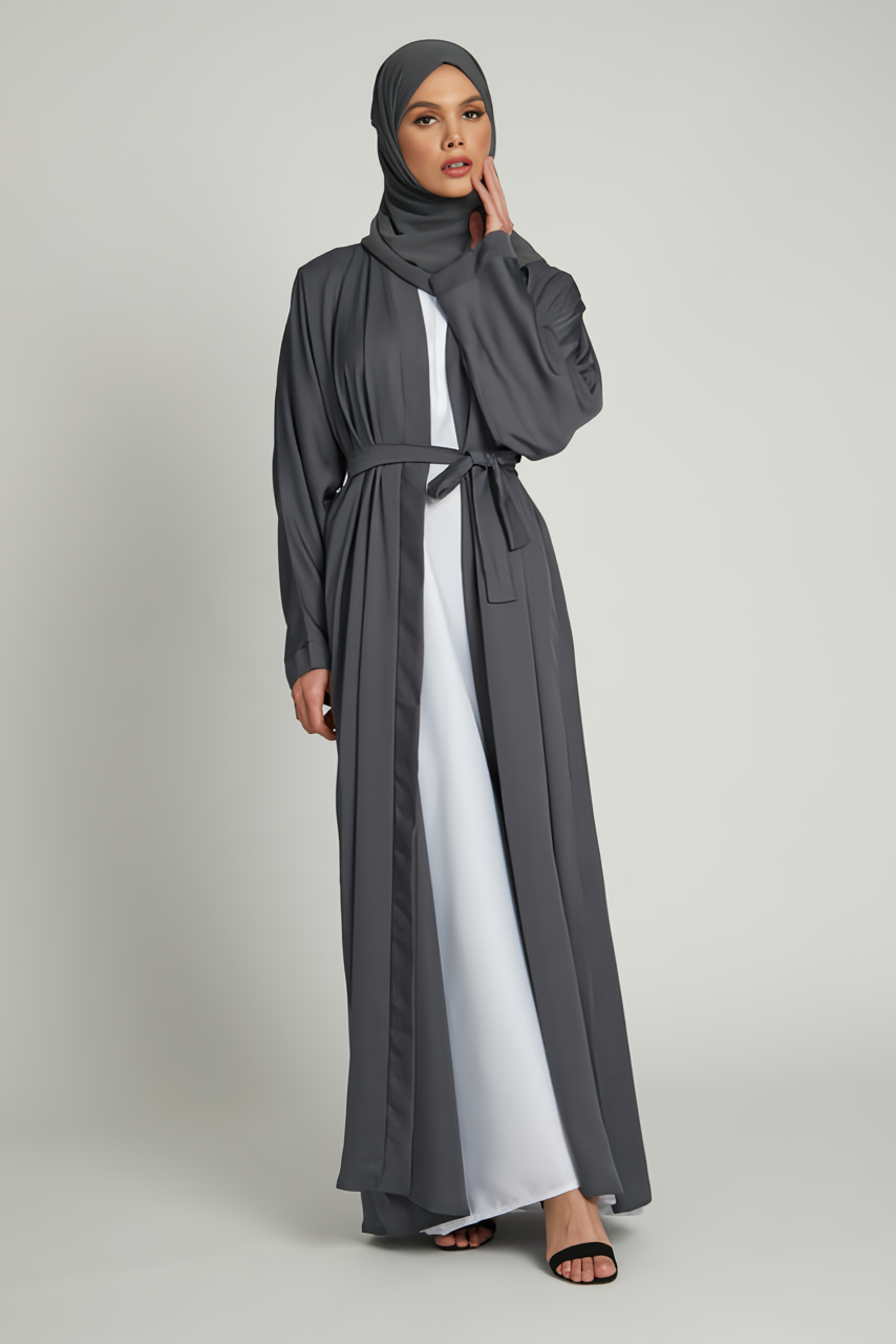 Full front view of grey kimono abaya with white inner slip dress, stylish modest abaya for women in Pakistan