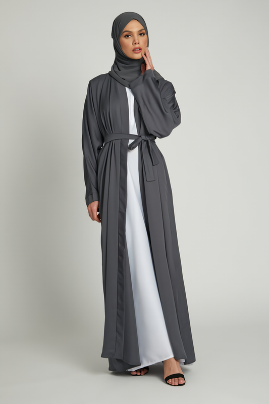 Full front view of grey kimono abaya with white inner slip dress, stylish modest abaya for women in Pakistan