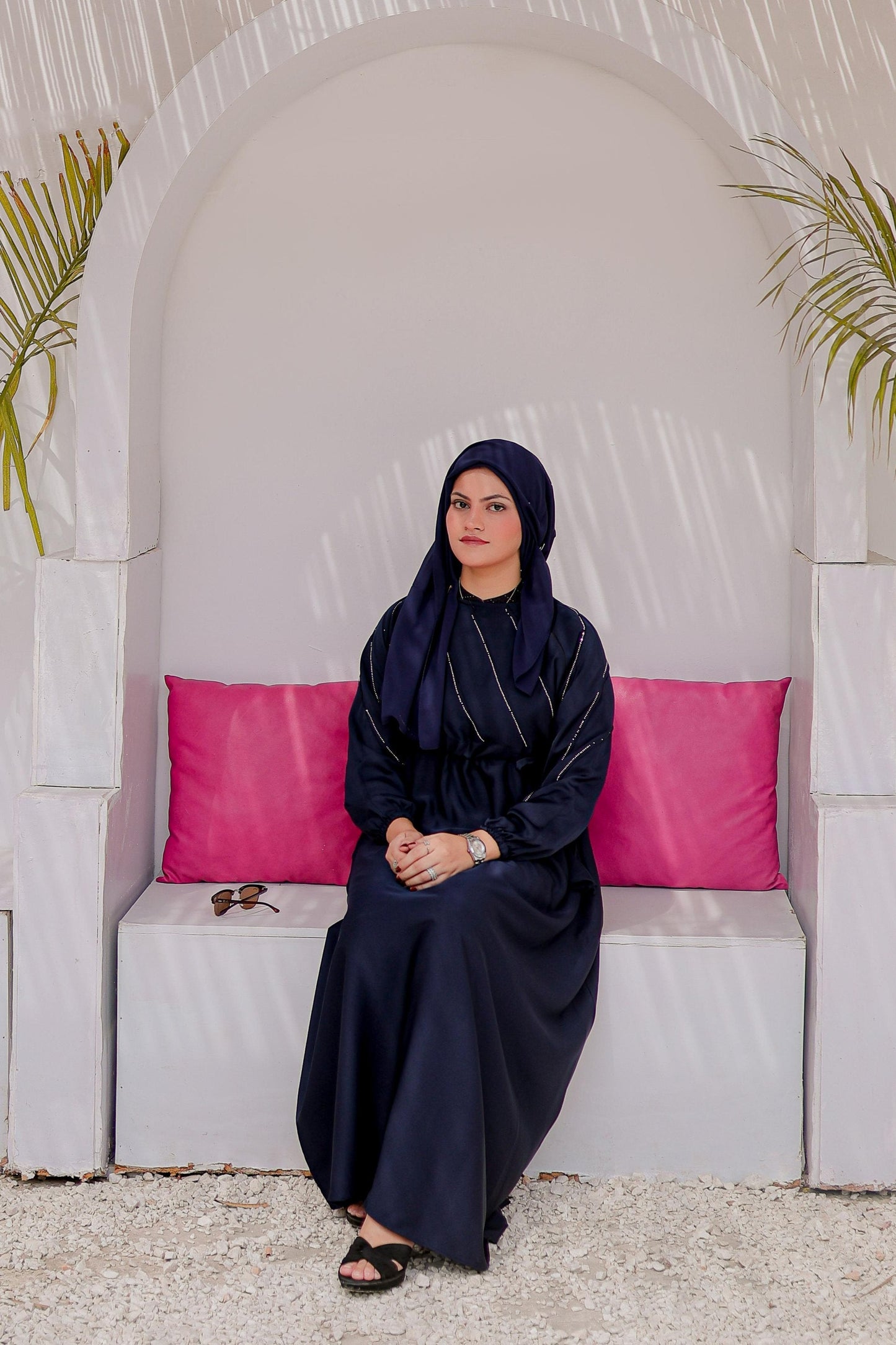 Elegant navy blue abaya featuring half pintax detailing, side view, stylish modest wear abaya for women Pakistan
