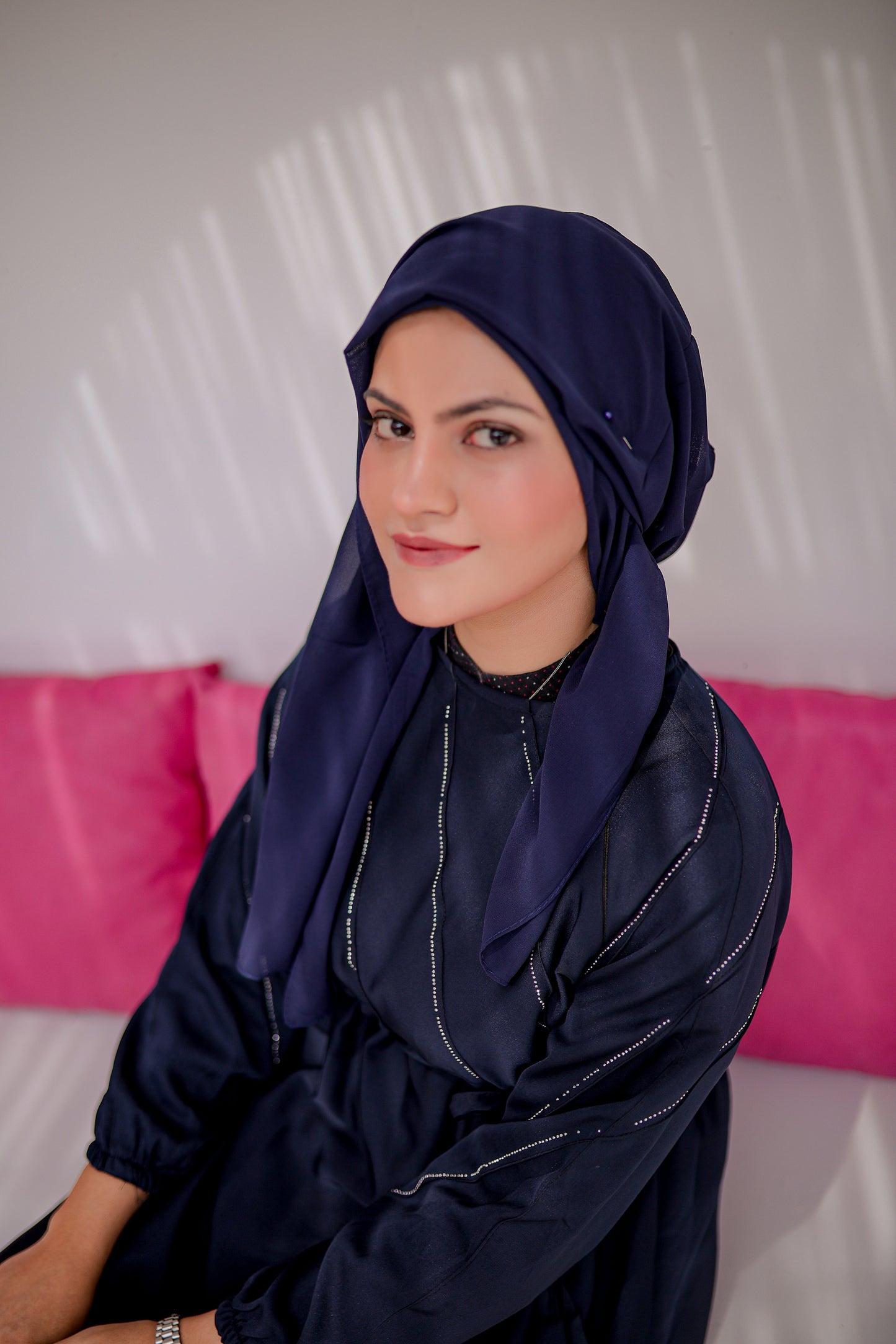 Close-up of half pintax design on navy blue abaya, modest abaya fashion for women, online shopping Pakistan