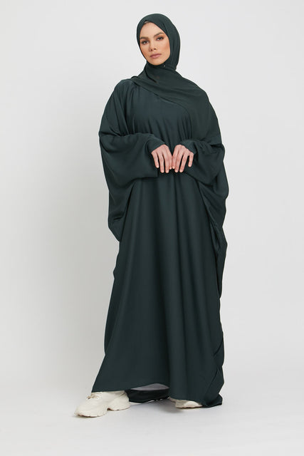 Front full view of plain dark green abaya kaftan with loose size fitting, stylish abaya dress for modest wear