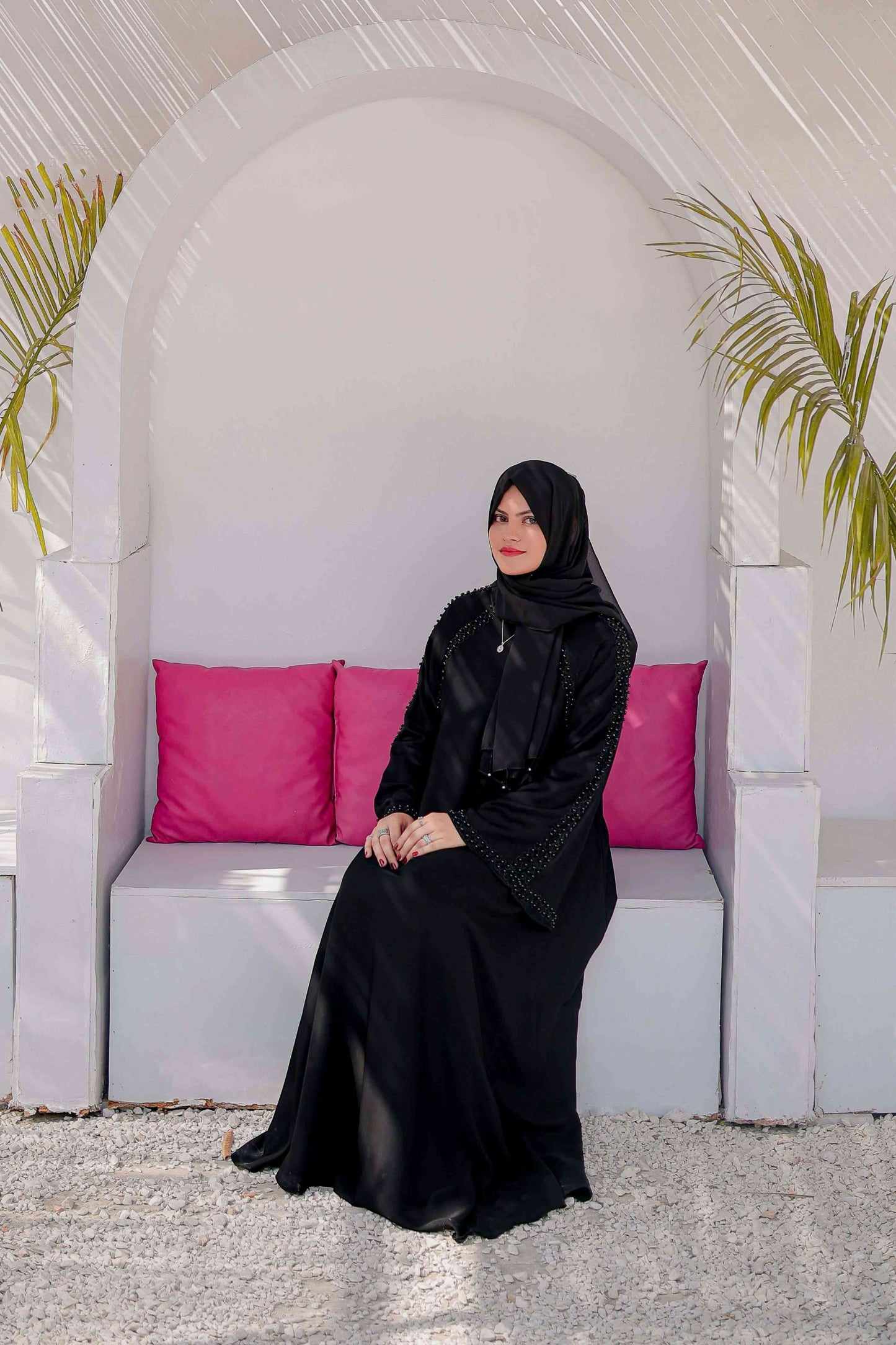Zoom-in close-up of Moti Work Abaya with Round Nugs highlighting fine beadwork, stitching details, and premium fabric texture