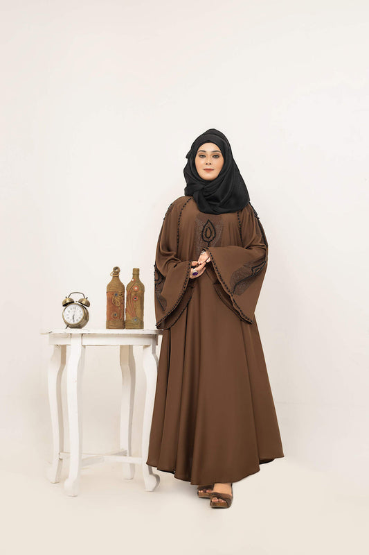 Elegant abaya with nug and moti work on front and sleeves, full front view, stylish modest abaya for women in Pakistan