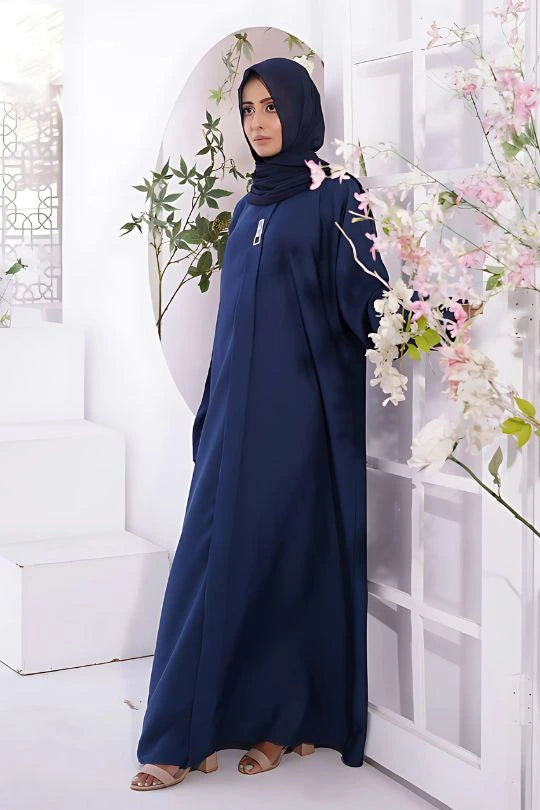 Side angle of Plain Navy Blue Abaya in premium nida fabric highlighting flowy modest design