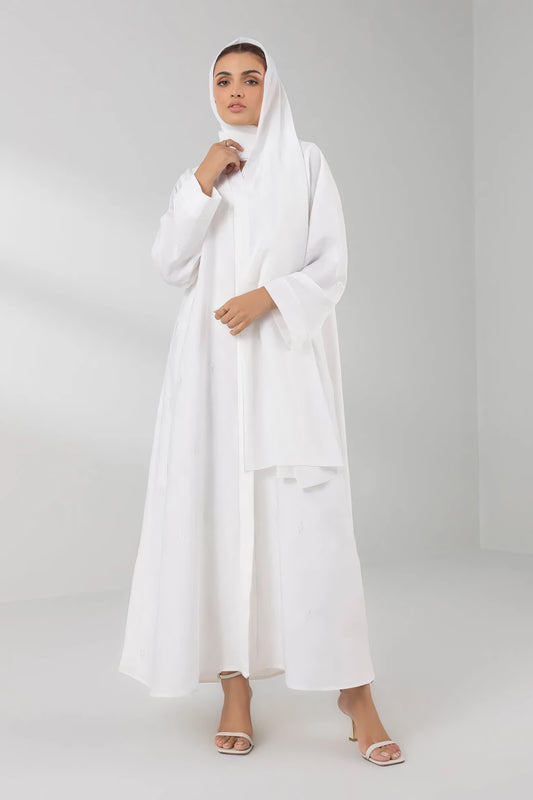 Full front view of plain white front open abaya – elegant modest wear for women