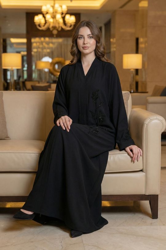 stylish black abaya for women in pakistan full front look masha crepe abaya