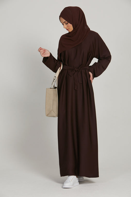 Full front view of stylish brown long abaya, elegant modest wear abaya for women in Pakistan