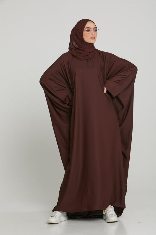 Front full view of stylish dark brown abaya in kaftan butterfly design, modest abaya for women in Pakistan