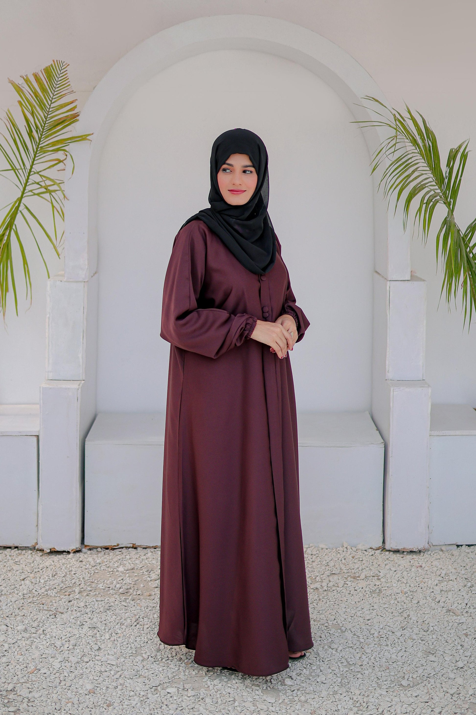 Modern multi color abaya with front closed button design, side full view, modest fashion abaya for women in Pakistan