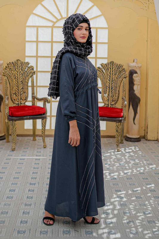 Elegant teal blue abaya with V type pintax design and elastic cuffs, full front view, stylish modest abaya for women in Pakistan