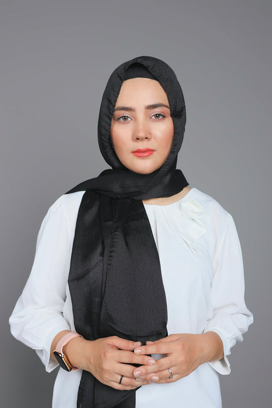 Front view of Black Diamond Metallic Chiffon Hijab – elegant shimmer look for women