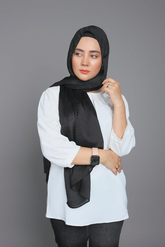Close-up of Black Diamond Metallic Chiffon Hijab fabric – breathable and luxurious texture