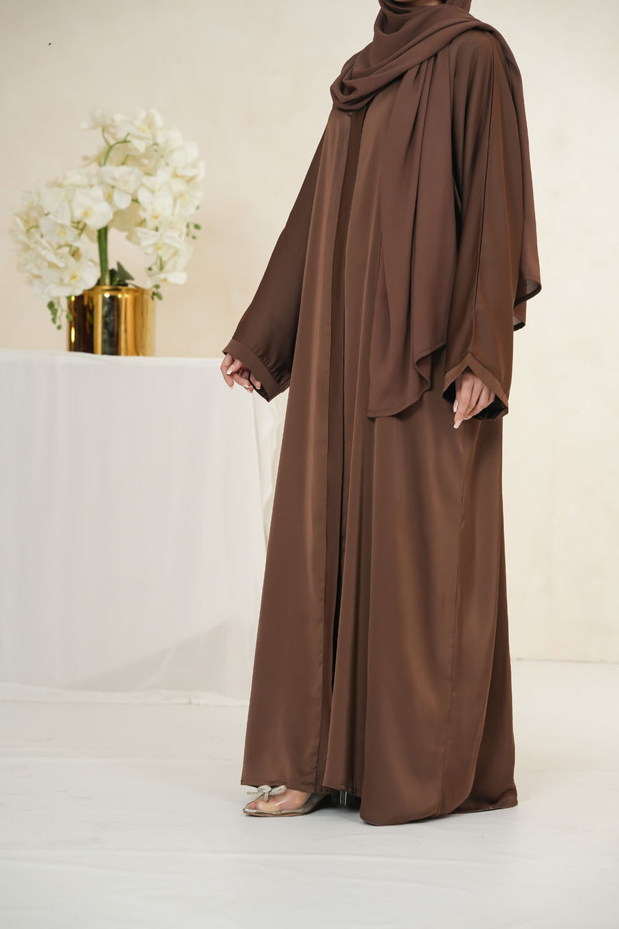 Side full view of Imported TikTok Crinkle Nida Fabric Abaya for women showing lightweight fabric and graceful fall