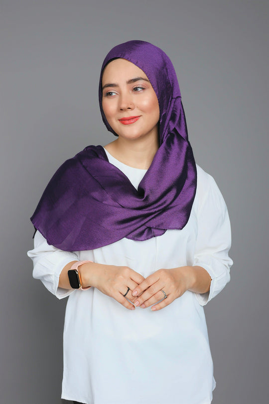 Front full view of Dark Purple Metallic Chiffon Hijab – elegant shimmer hijab in premium soft chiffon fabric