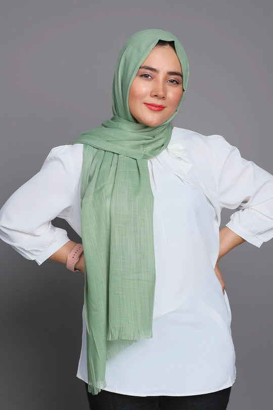 Front draped look of Turkish Viscose Hijab in Apple Green – elegant modest hijab style for women