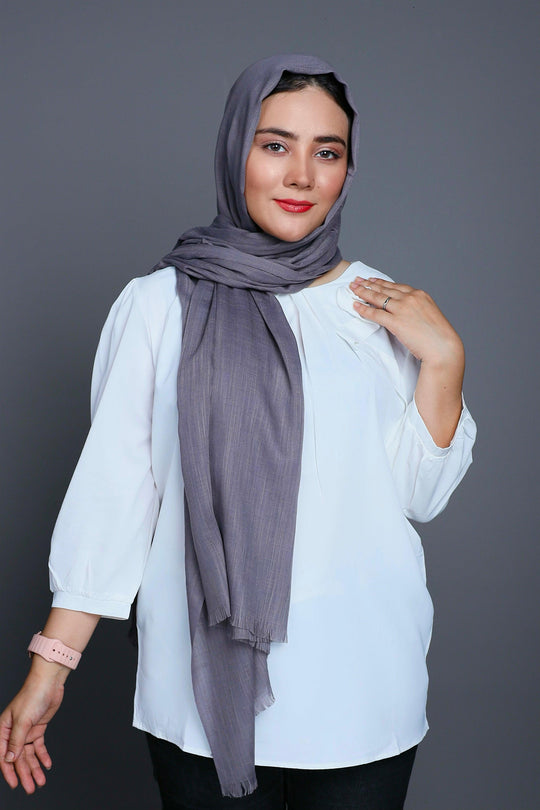 Front draped look of Turkish Viscose Hijab in Charcoal – luxury modest hijab style for women 2025