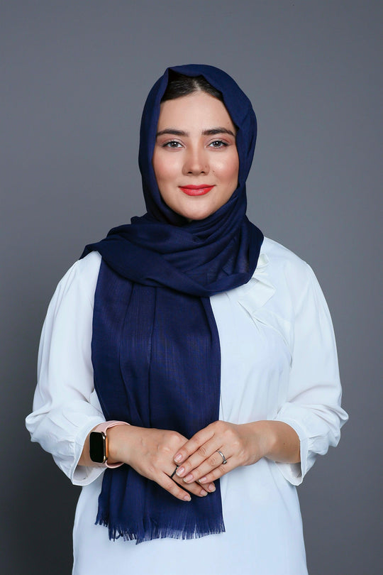 Front draped look of Turkish Viscose Hijab in Navy Blue – stylish modest hijab for women 2025
