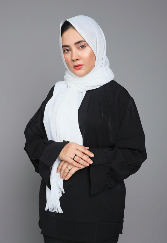 Close-up of Turkish Viscose Hijab in Pure White showing soft texture and premium Turkish fabric quality