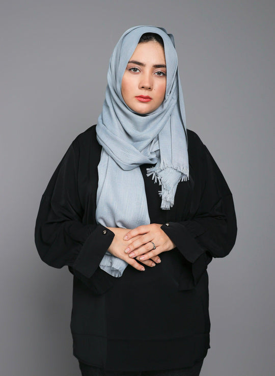 Front draped look of Turkish Viscose Hijab in Sleek Steel Grey – luxury modest hijab style for women 2025