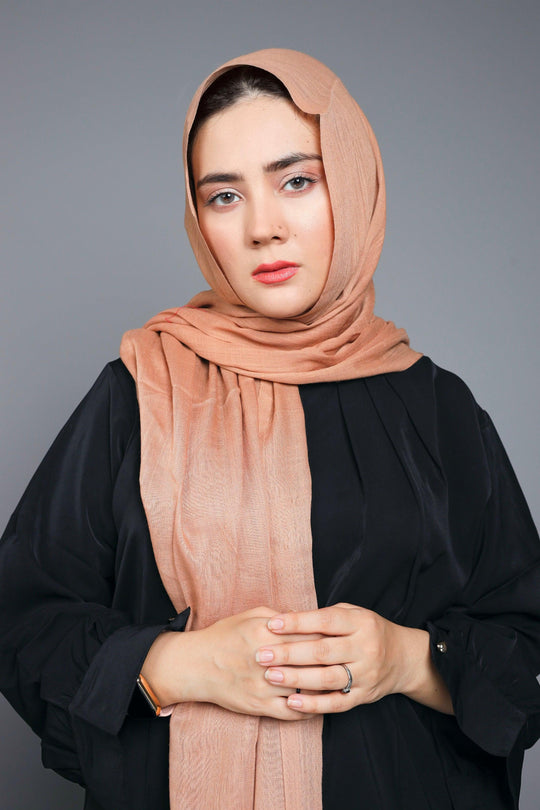 Close-up of Turkish Viscose Hijab in Warm Peach showing fine viscose texture and soft luxurious drape