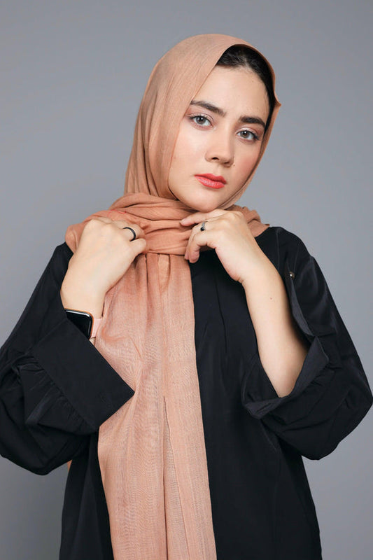 Front full view of Turkish Viscose Hijab in Warm Peach – soft elegant viscose hijab for women