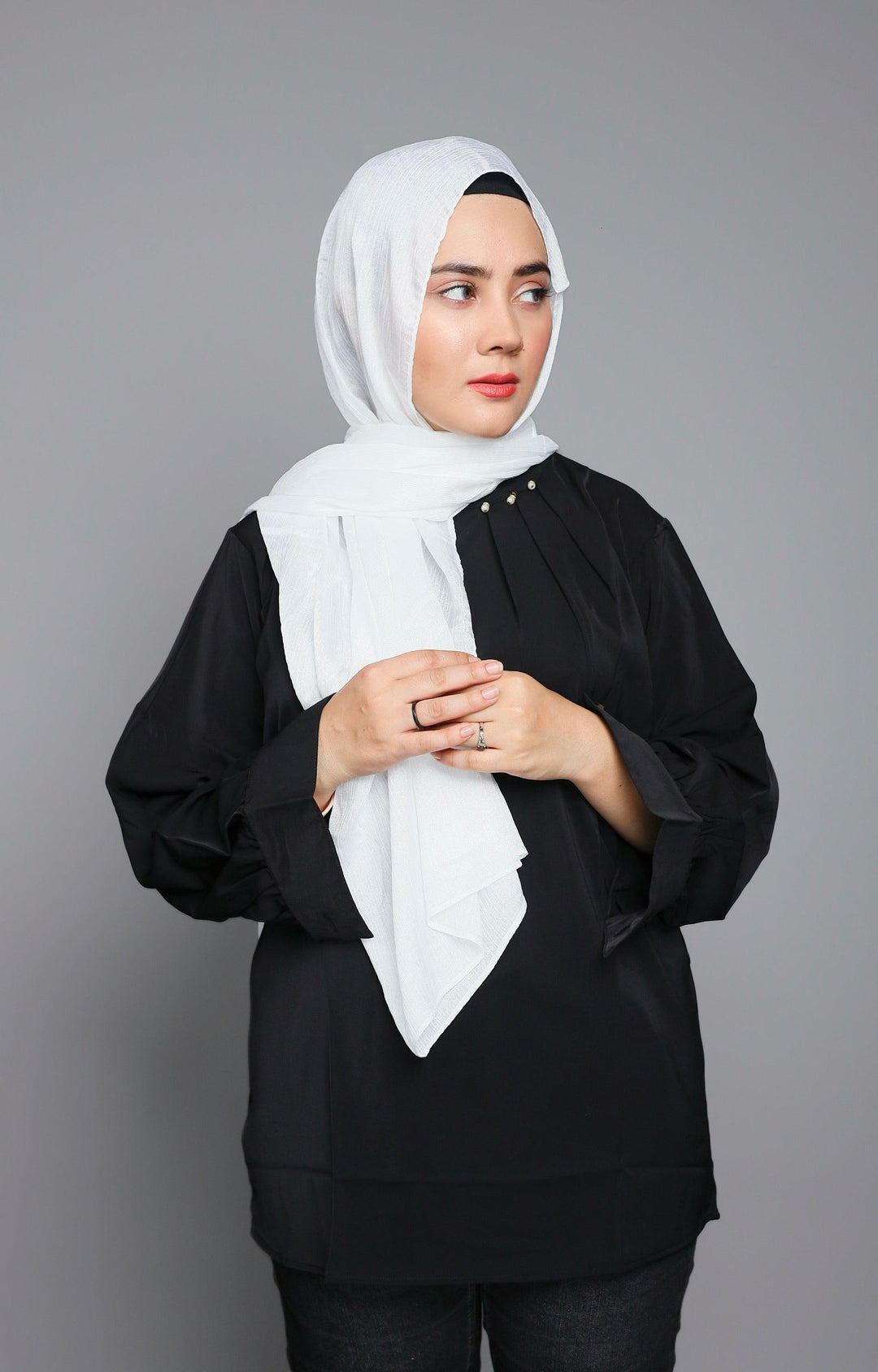Front draped look of White Metallic Chiffon Hijab – lightweight, breathable and elegant modest wear
