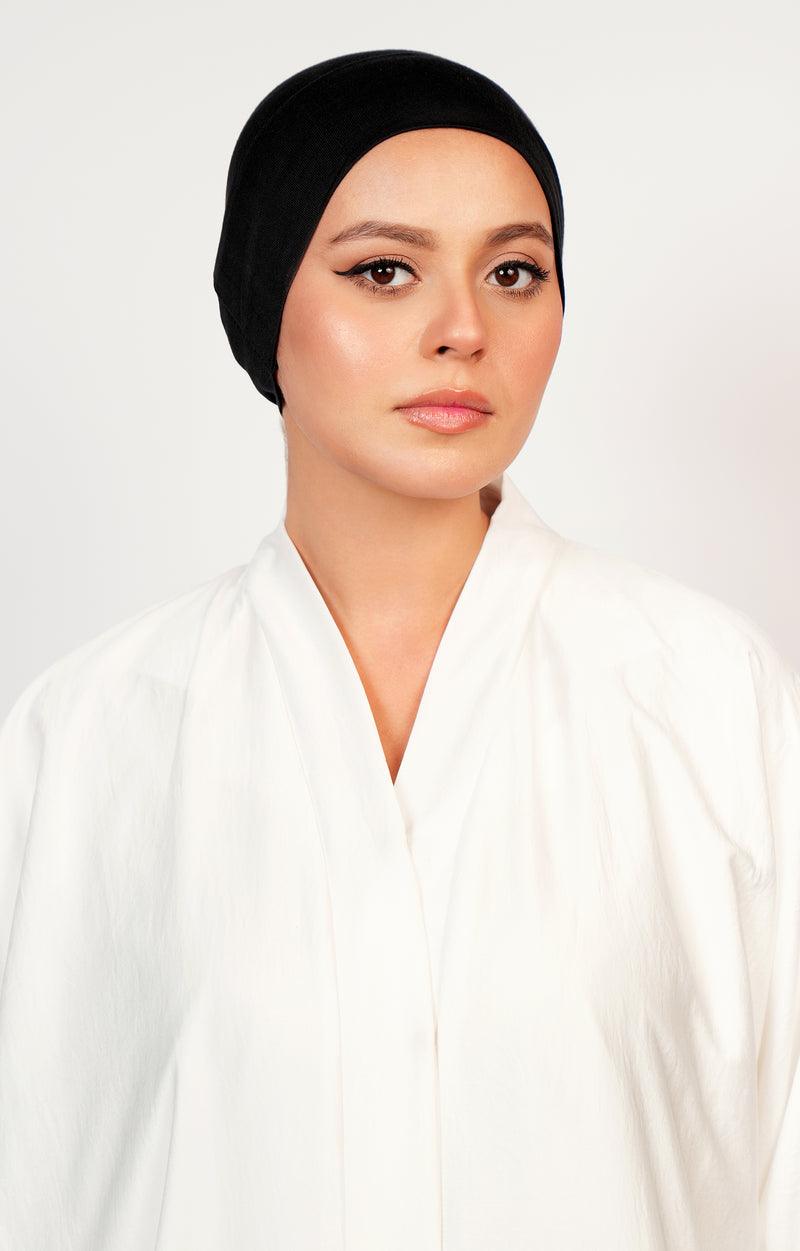 Classic Black Underscarf Front View – Comfortable Hijab Inner Cap for Women