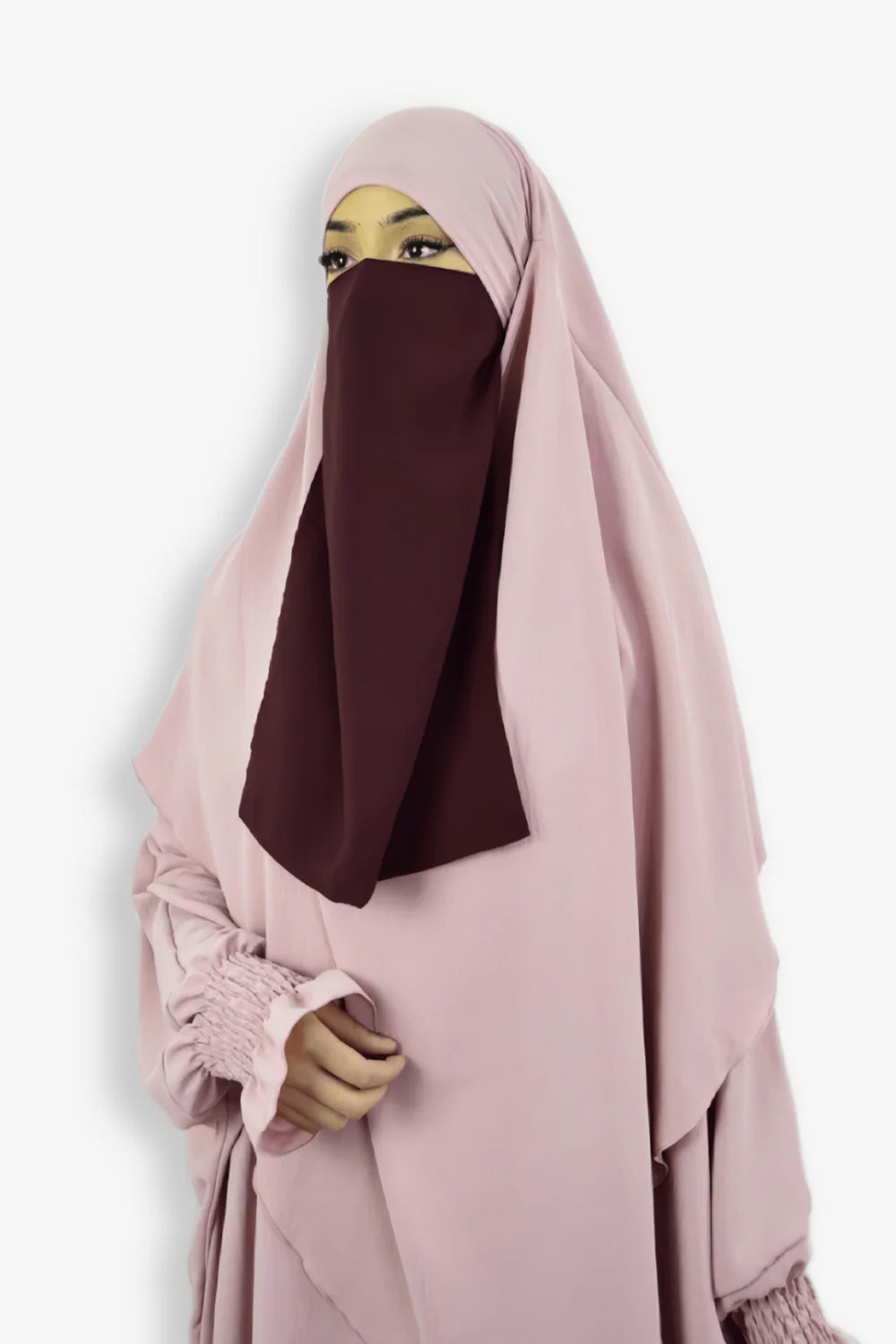 Half Niqab Premium Chiffon Burgundy Side View – Elegant Islamic Wear for Women