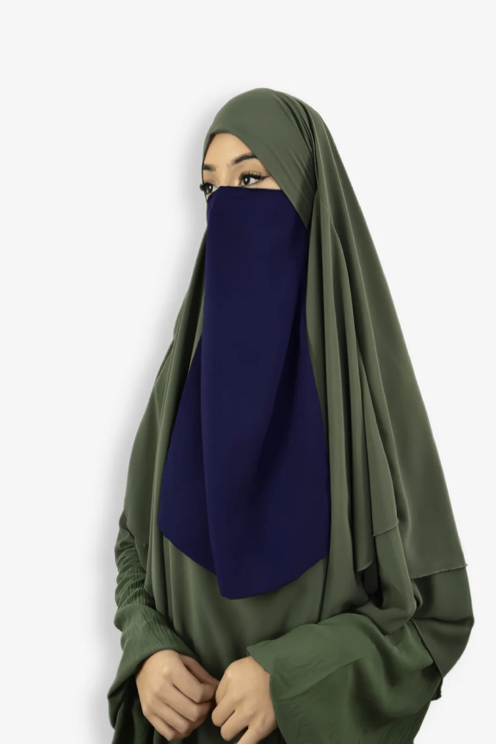 Half Niqab Premium Chiffon Navy Blue Side View – Elegant Hijab and Abaya Accessory for Women