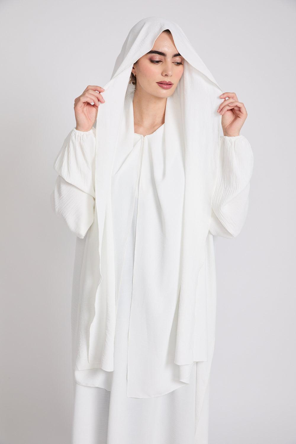 Close-up of White Closed Abaya fabric highlighting soft nida material, smooth stitching, and premium modest finish