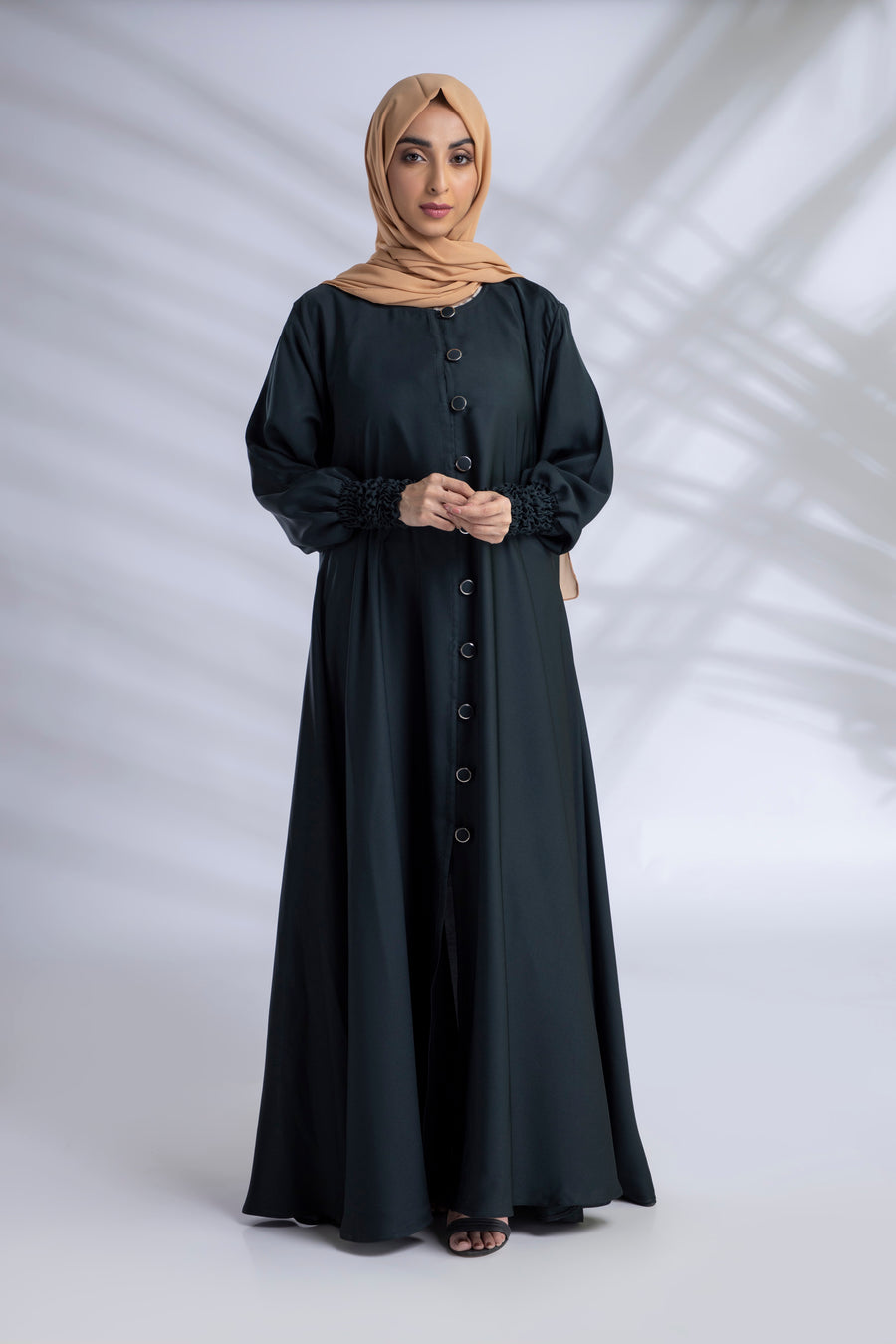 Abaya Open Front With Buttons With Elactic Sleeves